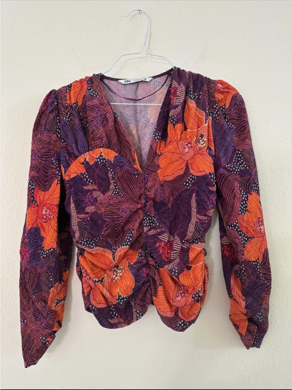 Zara Orange & Purple Floral Twist-Front Long Sleeve Blouse